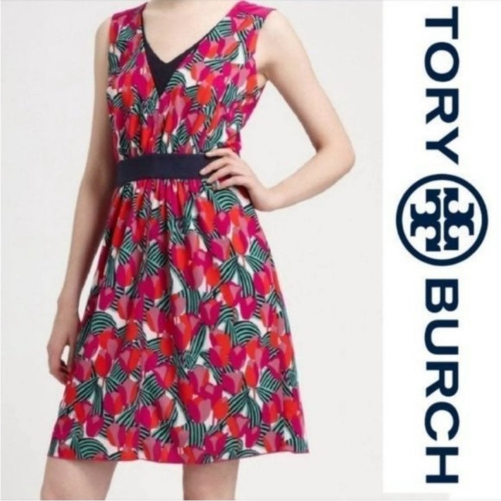 Tory Burch Tulip Augustina Pink Red Sleeveless Tie Back Dress Small